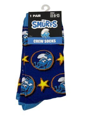 Smurfs Blue Stars Graphic Crew Socks Men’s 6-13 Fun Novelty Gift Cool
